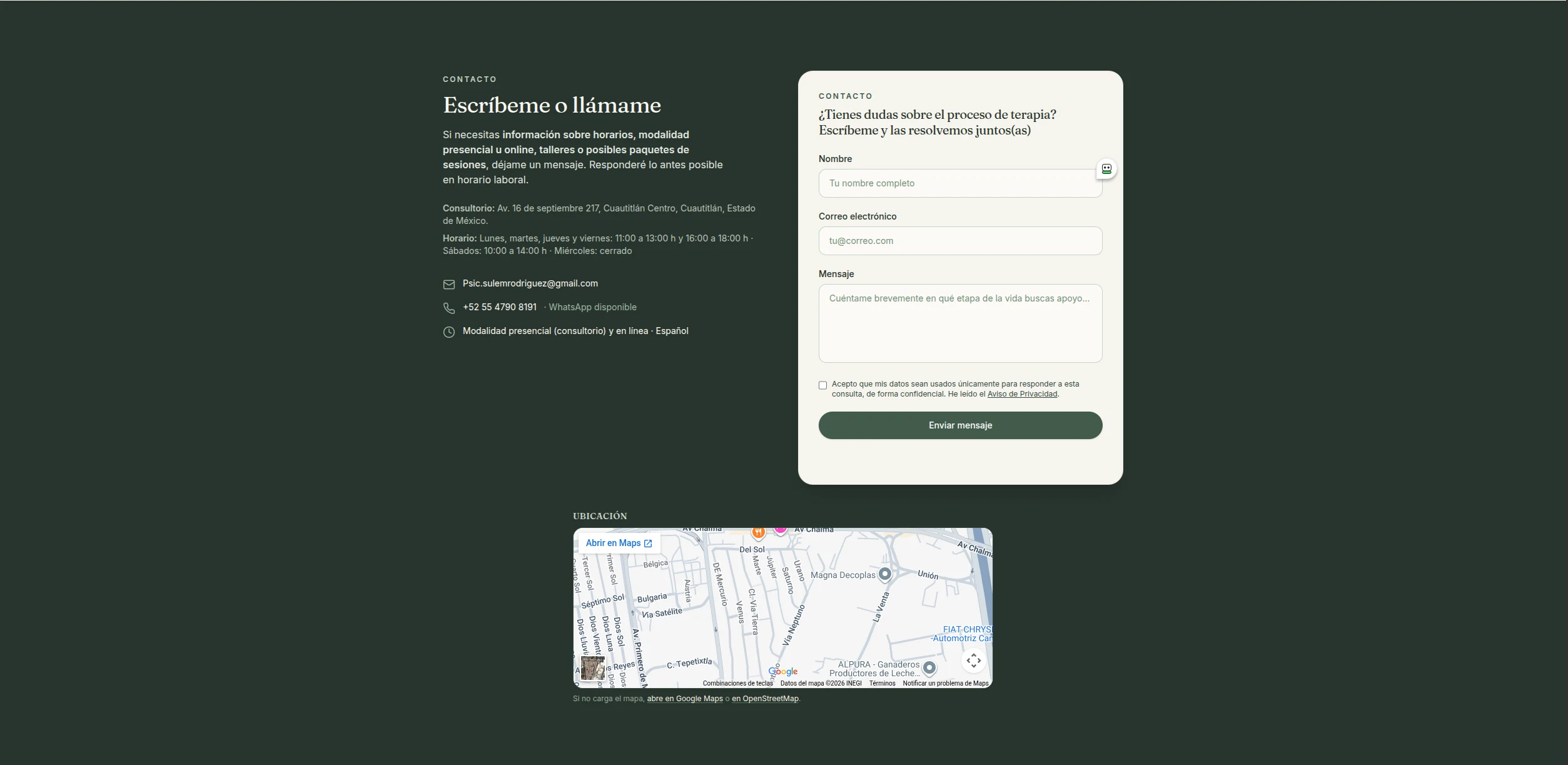 Contacto — datos del consultorio, formulario y mapa de ubicación